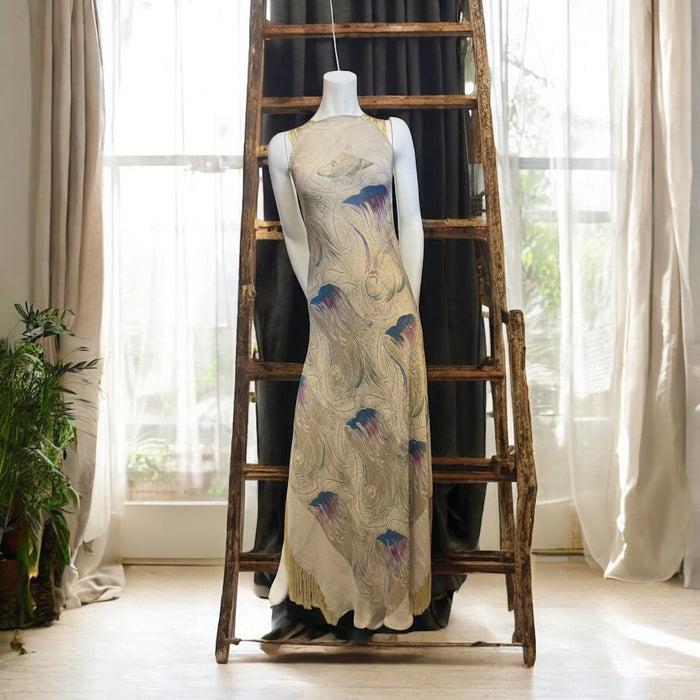 Martina, reworked 20s gold print lamé fringed dress