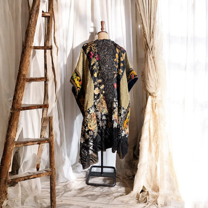 Bonnie, reworked gold brocade cape with Edwardian and beaded trims