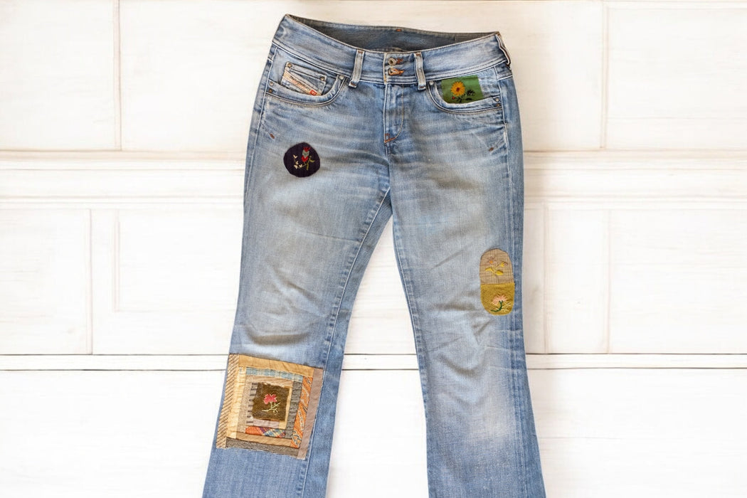 OV Denim, reworked 70s flair jeans with Victoria patches