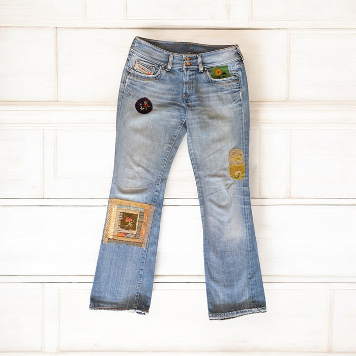 OV Denim, reworked 70s flair jeans with Victoria patches
