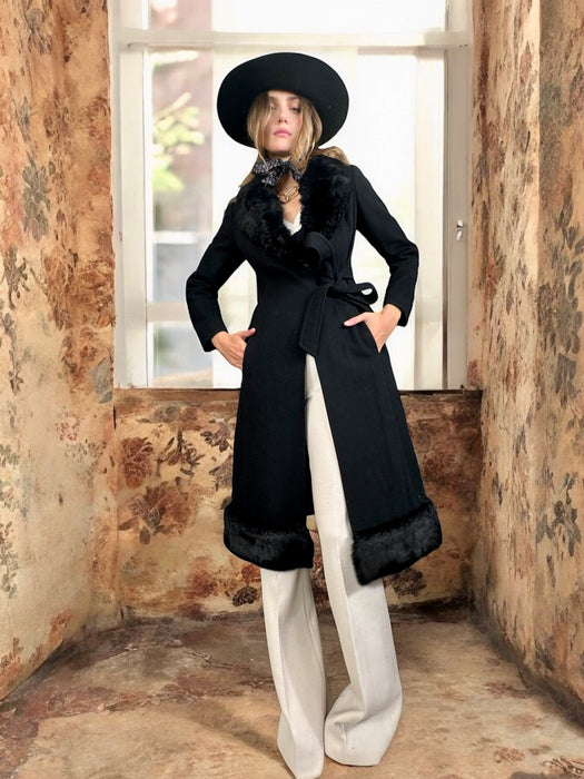 Jara, 70s black wool fur coat
