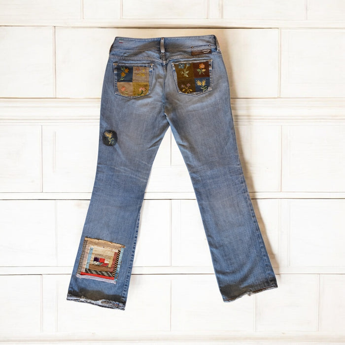 OV Denim, reworked 70s flair jeans with Victoria patches
