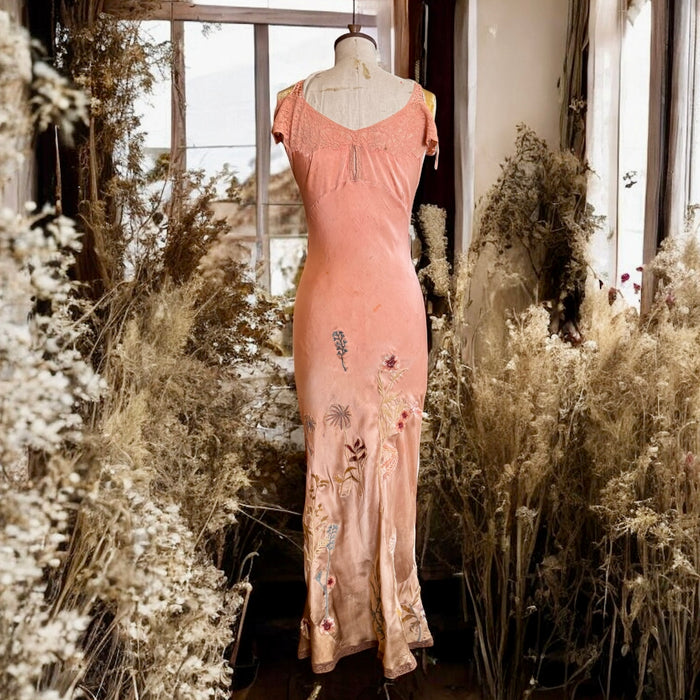 Klay, 20s silk and lace bias cut hand dyed in ombré hues and embroidered dress