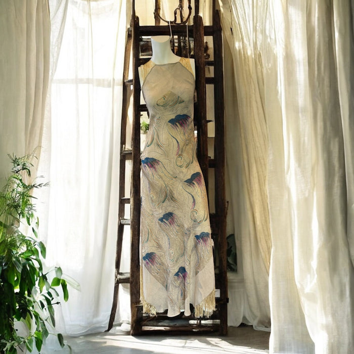 Martina, reworked 20s gold print lamé fringed dress