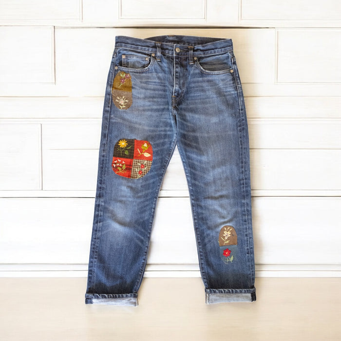 OV Denim, 70s jeans with Victorian hand embroidered patches