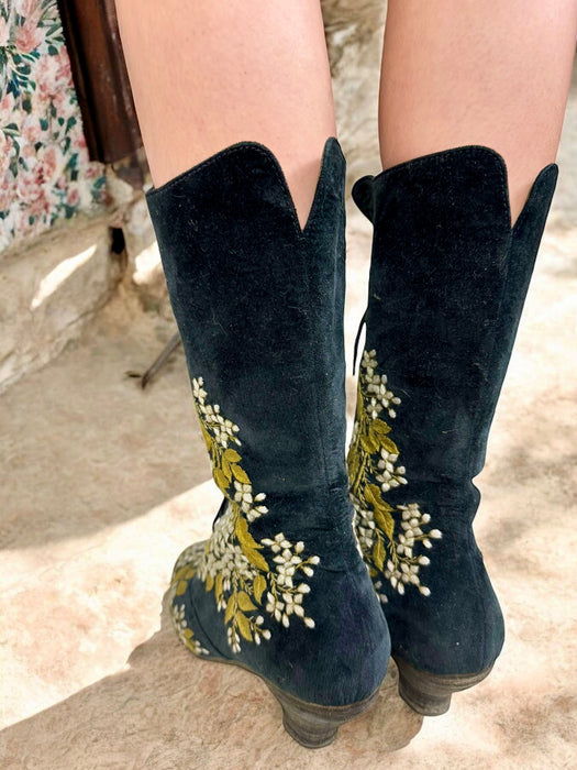 Christian, 80s embroidered floral suede boots