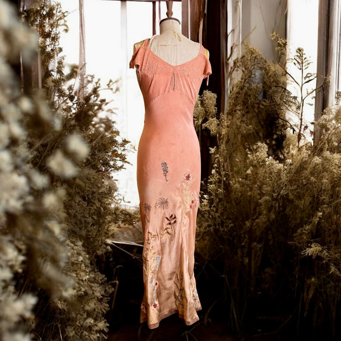 Klay, 20s silk and lace bias cut hand dyed in ombré hues and embroidered dress