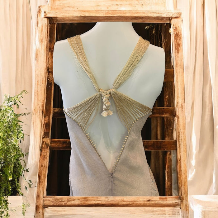 Martina, reworked 20s gold print lamé fringed dress