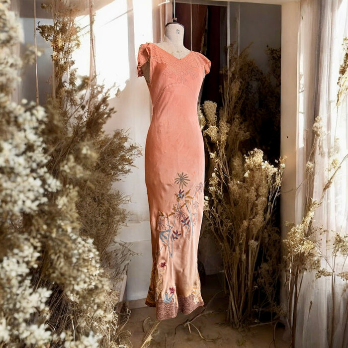 Klay, 20s silk and lace bias cut hand dyed in ombré hues and embroidered dress