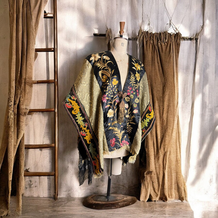 Bonnie, reworked gold brocade cape with Edwardian and beaded trims