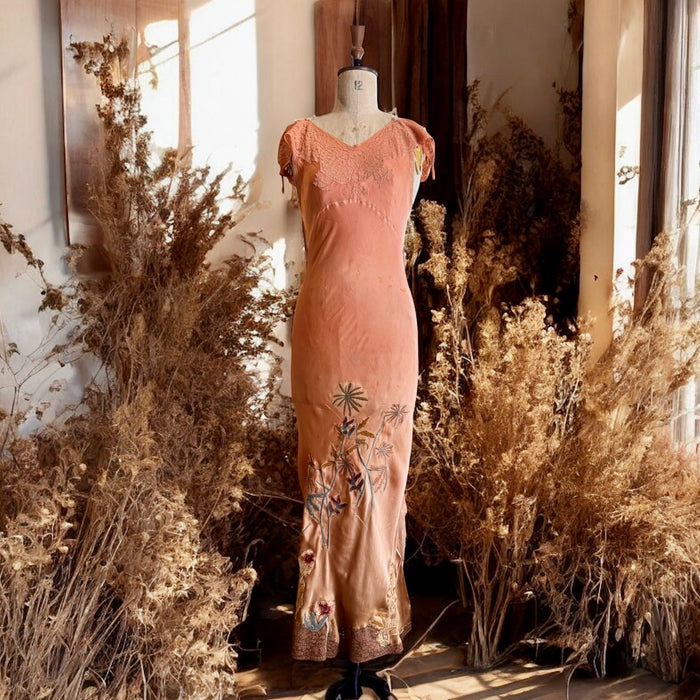 Klay, 20s silk and lace bias cut hand dyed in ombré hues and embroidered dress
