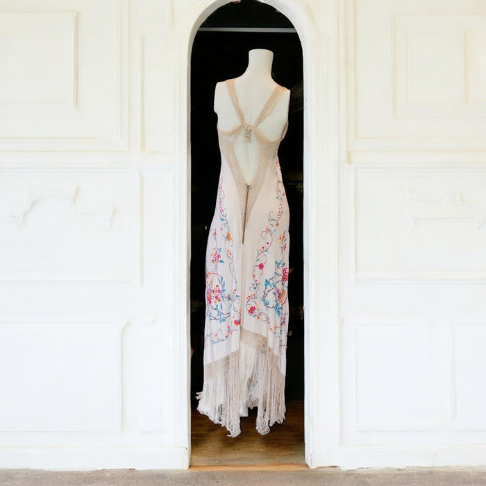 Belen, reworked 1940s floral Oriental embroidered shawl dress