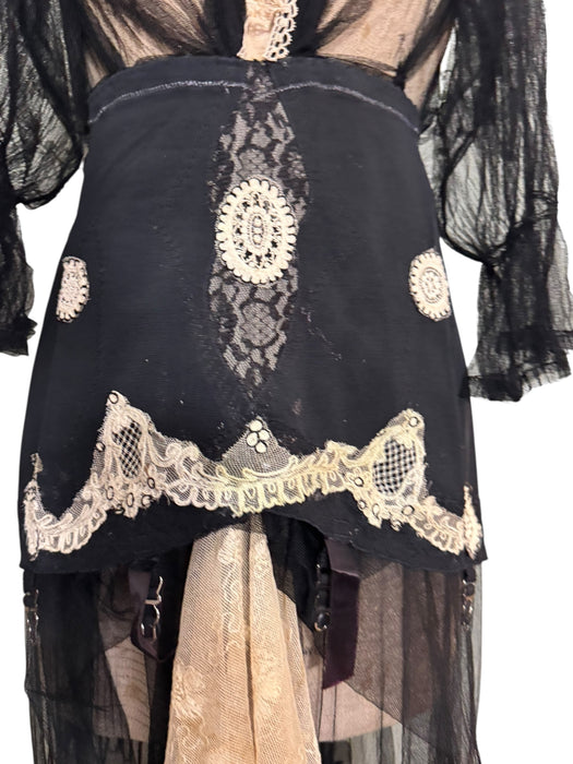 Lora, reworked 20s black silk tulle, lace and garter dress