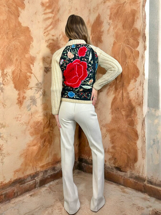 Delilah, 70s cream sheepskin and embroidered zip cardigan