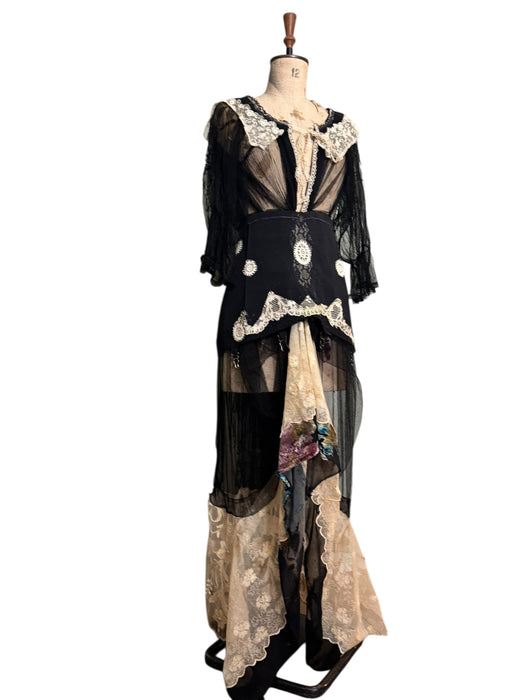Lora, reworked 20s black silk tulle, lace and garter dress