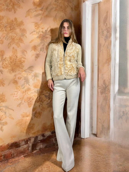 Delilah, 70s cream sheepskin and embroidered zip cardigan