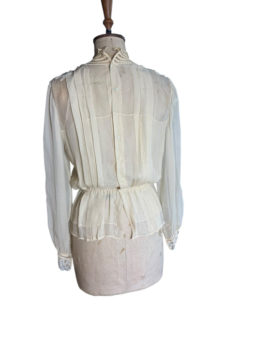 Medina, 70s silk chiffon pleated beaded lace blouse