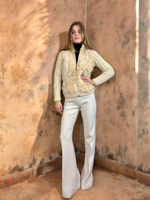 Delilah, 70s cream sheepskin and embroidered zip cardigan