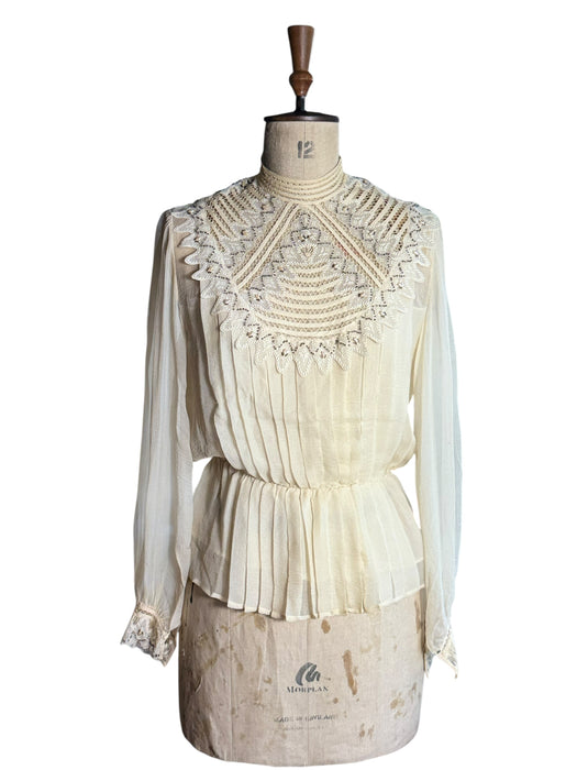 Medina, 70s silk chiffon pleated beaded lace blouse