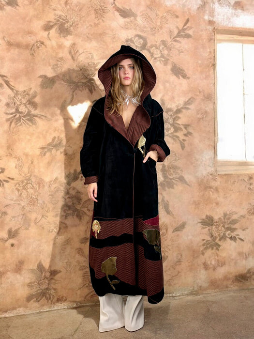 Pandora, 70s black suede patchwork coat
