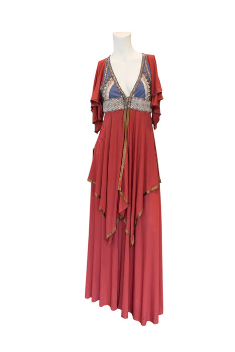 Maude, 70s jersey embroidered tiered dress