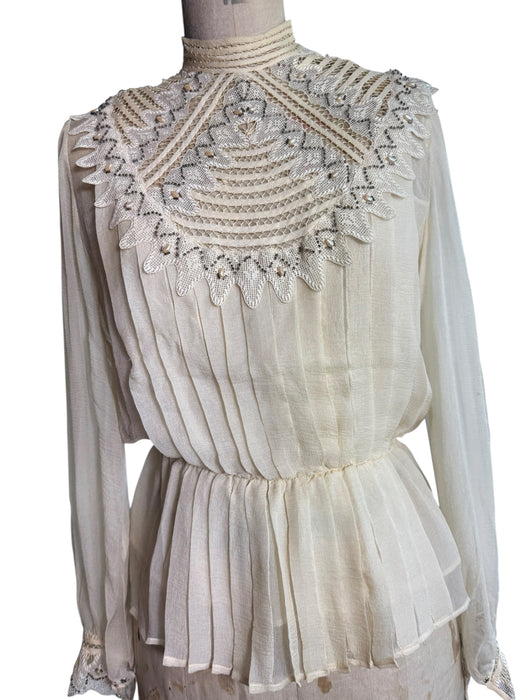 Medina, 70s silk chiffon pleated beaded lace blouse