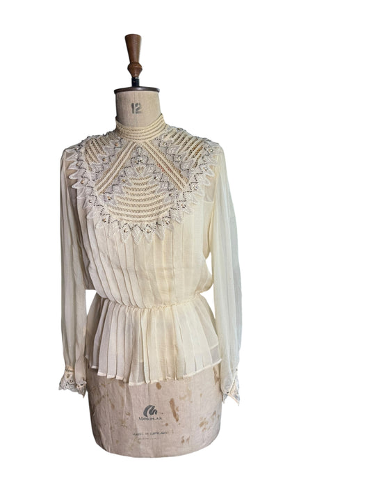 Medina, 70s silk chiffon pleated beaded lace blouse