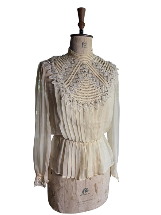Medina, 70s silk chiffon pleated beaded lace blouse