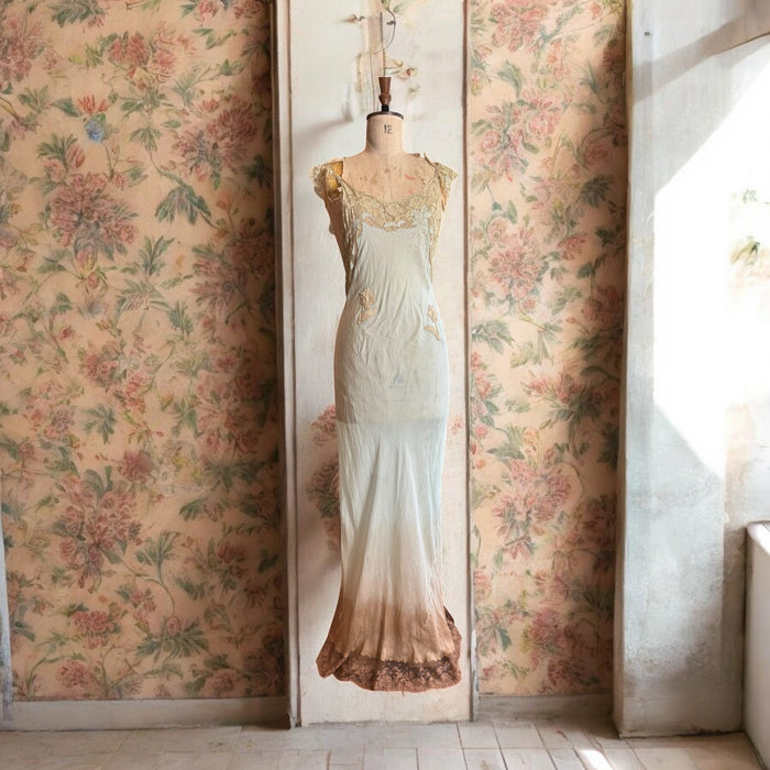 Flora, 20s silk and lace bias cut dress hand dyed in ombré