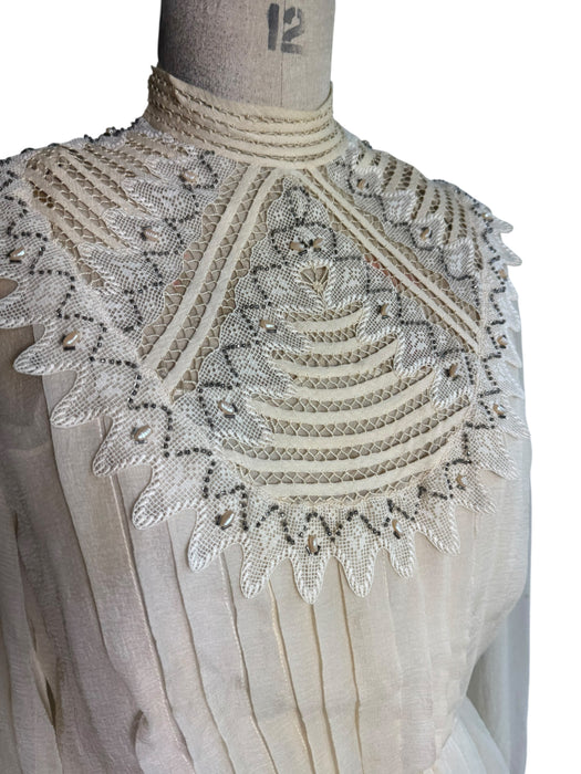 Medina, 70s silk chiffon pleated beaded lace blouse