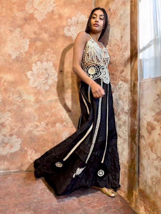 Alina, reworked Victorian tape work and silk lace dress