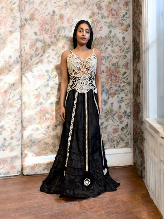 Alina, reworked Victorian tape work and silk lace dress