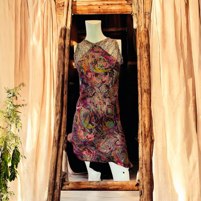 Adina, reworked 20s silk lamé asymmetric short dress