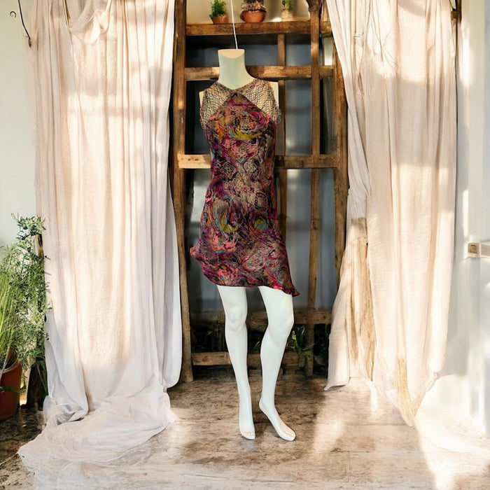 Adina, reworked 20s silk lamé asymmetric short dress