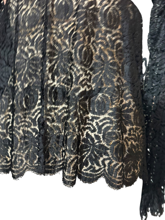 Tara, reworked 1930s black silk lace scalloped balloon sleeve blouse with 40s pink silk bra