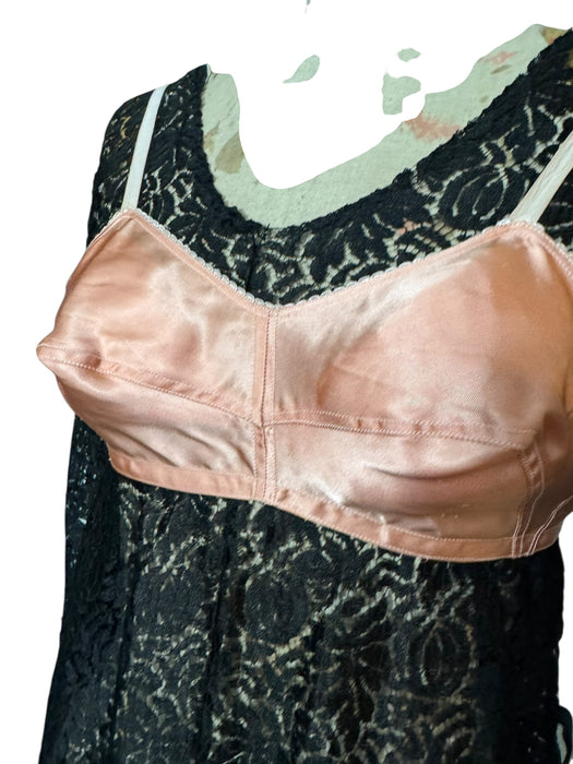 Tara, reworked 1930s black silk lace scalloped balloon sleeve blouse with 40s pink silk bra