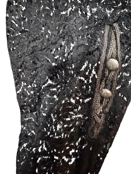 Tara, reworked 1930s black silk lace scalloped balloon sleeve blouse with 40s pink silk bra