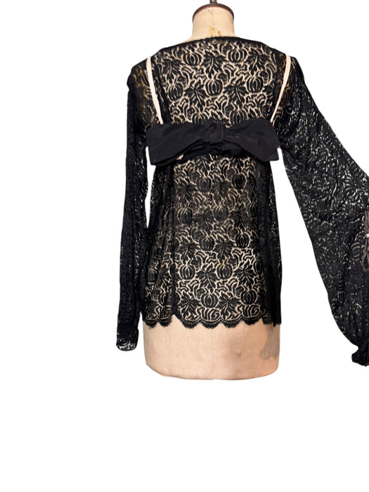 Tara, reworked 1930s black silk lace scalloped balloon sleeve blouse with 40s pink silk bra
