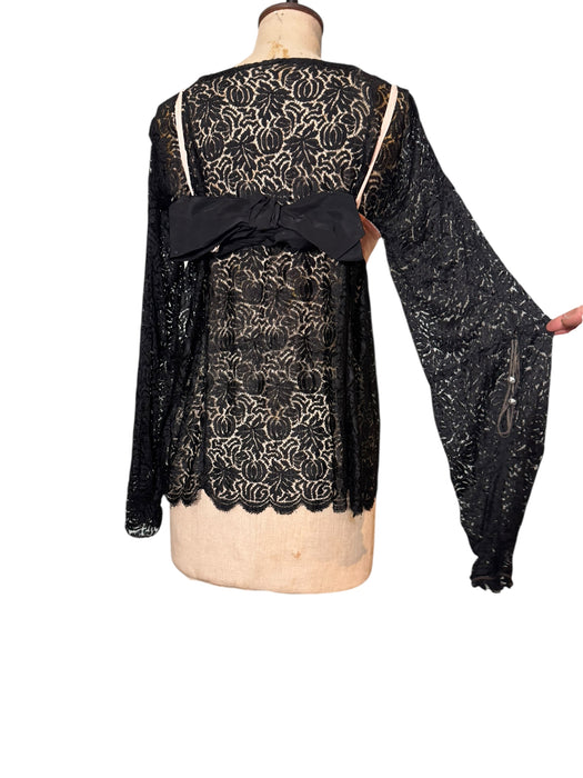 Tara, reworked 1930s black silk lace scalloped balloon sleeve blouse with 40s pink silk bra