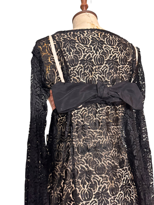 Tara, reworked 1930s black silk lace scalloped balloon sleeve blouse with 40s pink silk bra