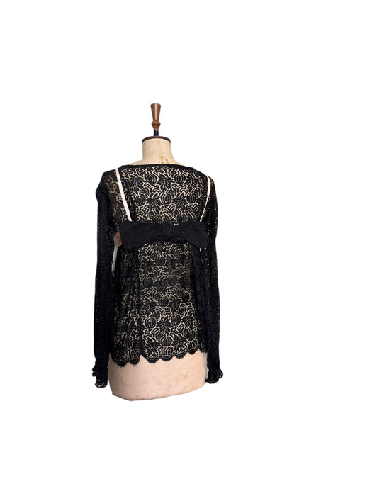 Tara, reworked 1930s black silk lace scalloped balloon sleeve blouse with 40s pink silk bra
