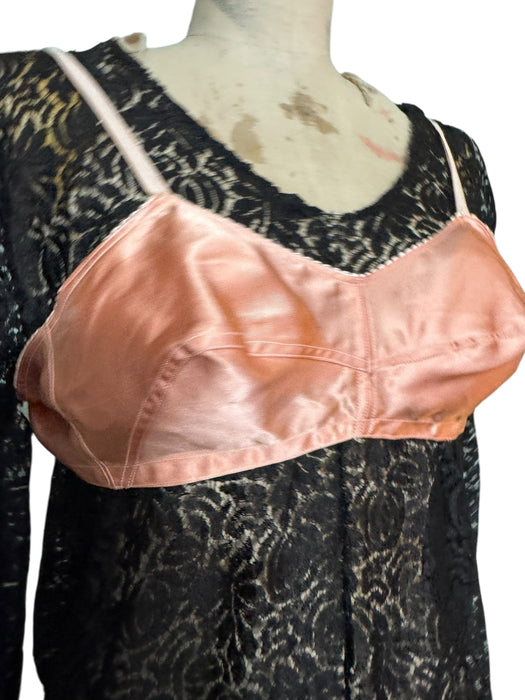 Tara, reworked 1930s black silk lace scalloped balloon sleeve blouse with 40s pink silk bra