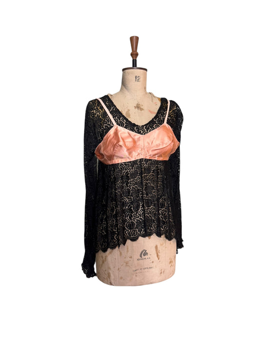 Tara, reworked 1930s black silk lace scalloped balloon sleeve blouse with 40s pink silk bra