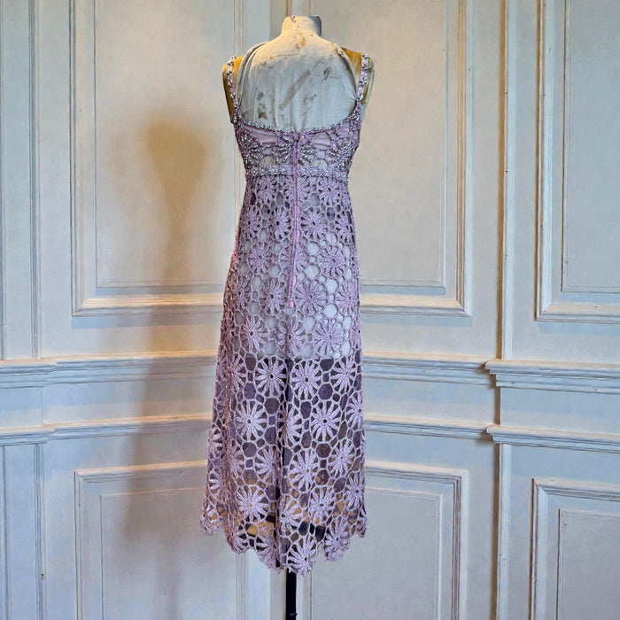 Juno, Couture 60s pink and silver crochet jewelled dress