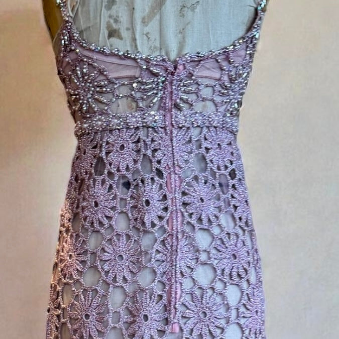 Juno, Couture 60s pink and silver crochet jewelled dress