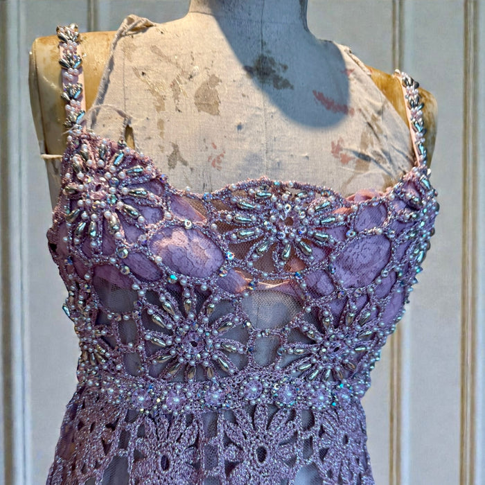 Juno, Couture 60s pink and silver crochet jewelled dress