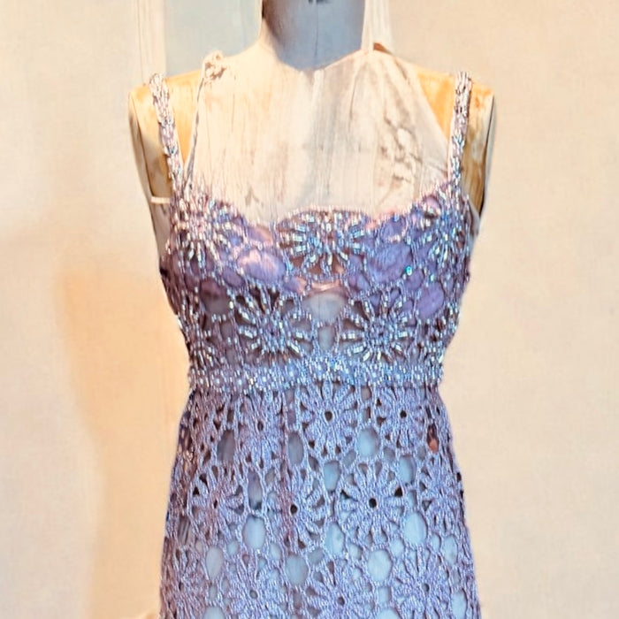 Juno, Couture 60s pink and silver crochet jewelled dress