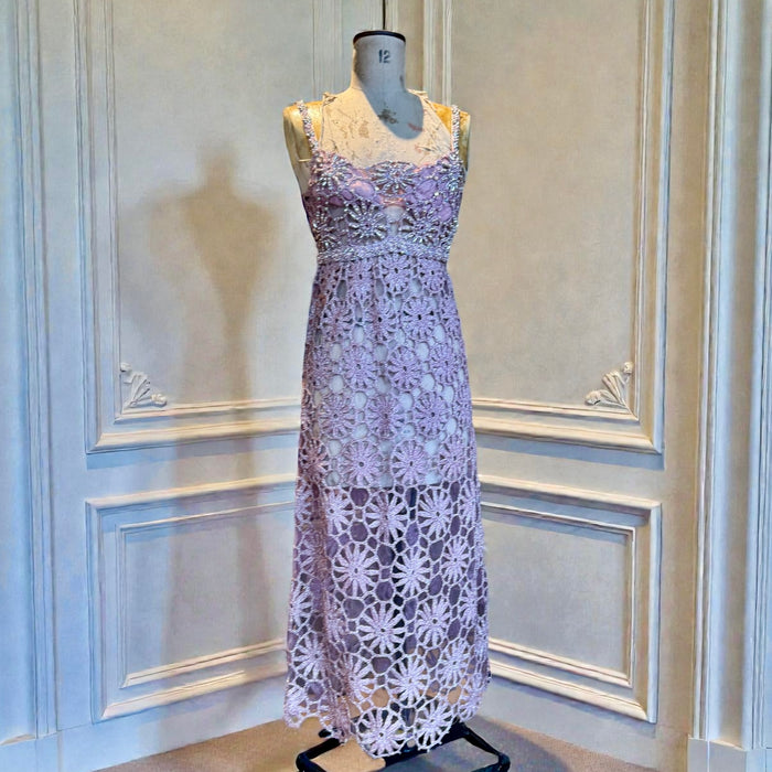 Juno, Couture 60s pink and silver crochet jewelled dress