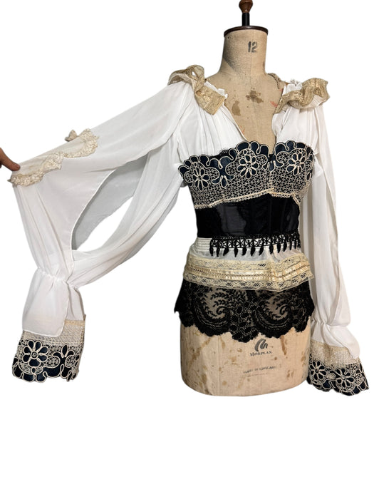 Pluto, reworked corseted lace and beaded poet blouse