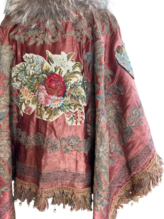 Paulina, 19thC silk embroidered fringed cape with needlepoint florals